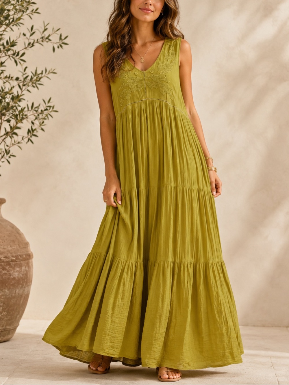 Talisman Bohemian Embroidered Cotton Maxi Dress Chartreuse size XL